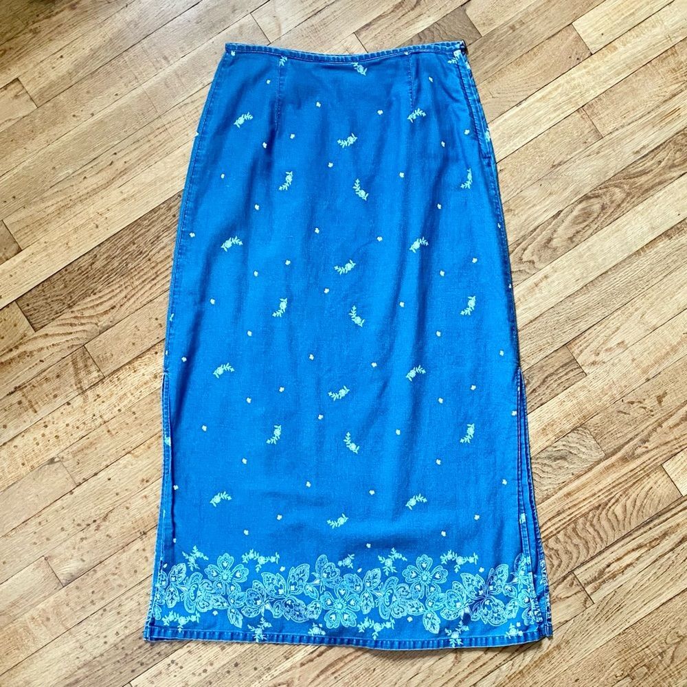 Liz Claiborne | Blue Cotton White Floral Print Side Zipper Midi Skirt Side Slits